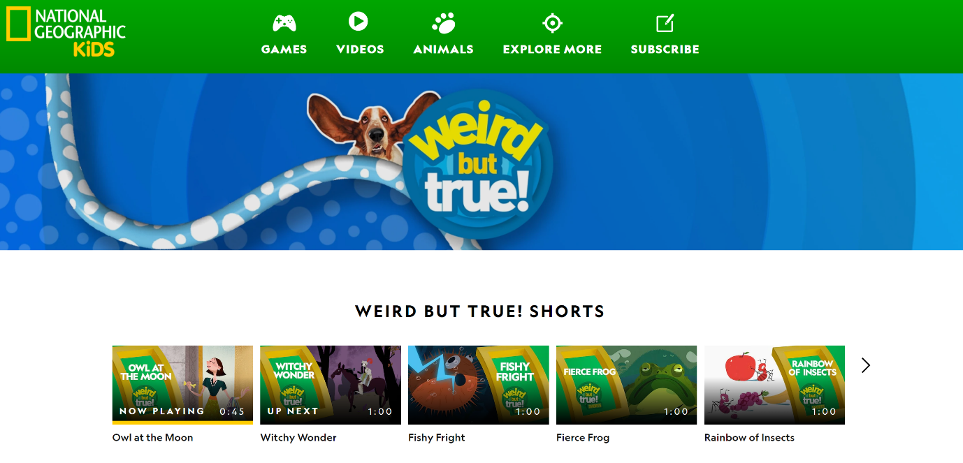 National Geographic Kids website showing the Weird But True shorts section with five video thumbnails on a blue banner.